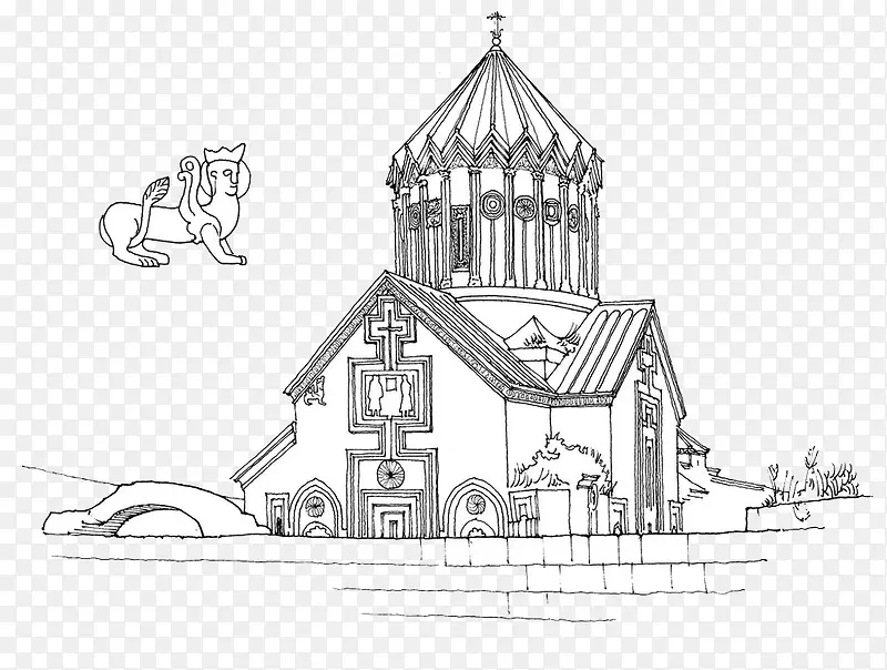 欧式庄园城堡建筑手绘线描图案
