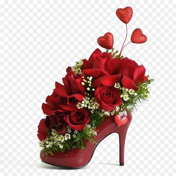 玫瑰花爱心红色高跟鞋