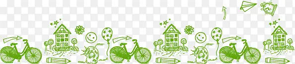 手绘绿色自行车花卉底纹边框
