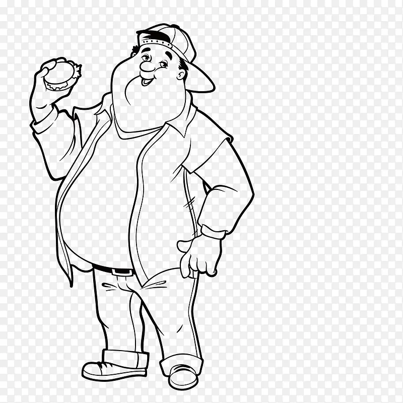 线描人物胖子吃汉堡