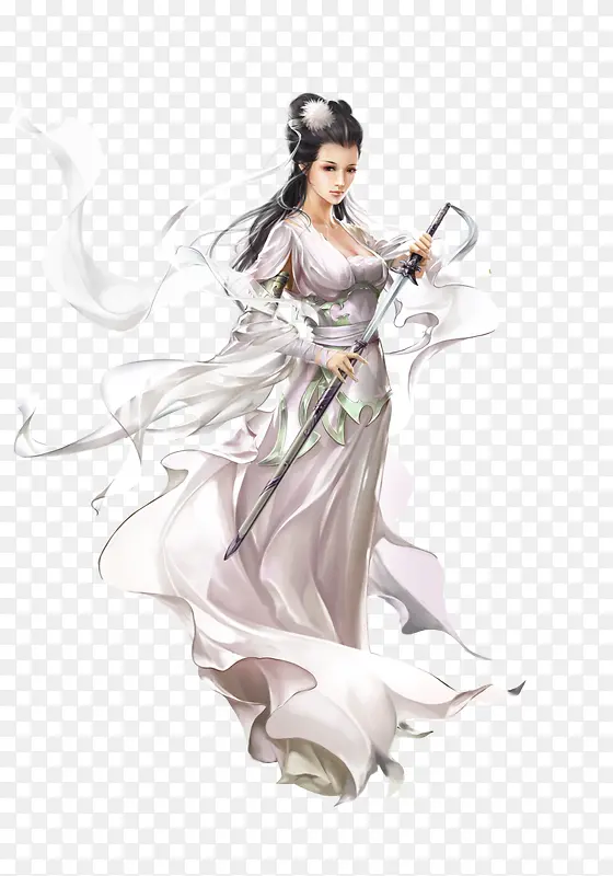 手绘创意合成白衣女子持剑