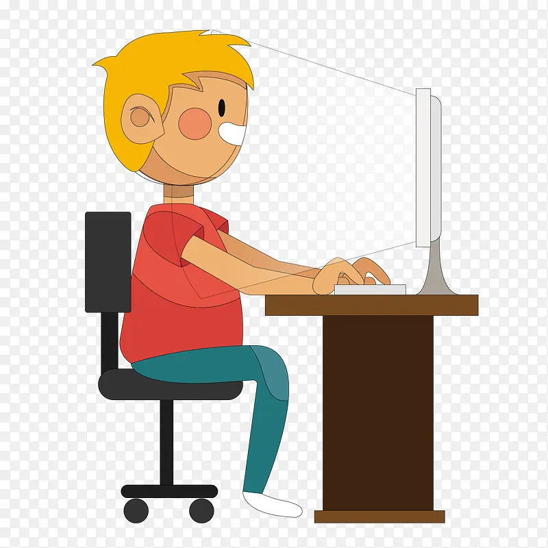 卡通坐着使用电脑的人物设计