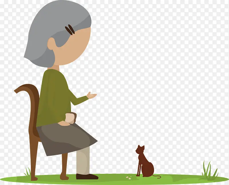 坐在椅子上喂猫的老太太