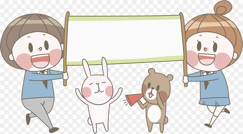 两个小孩和动物拿着海报
