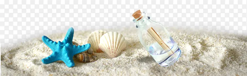 沙子上的海星贝壳旁的漂流瓶