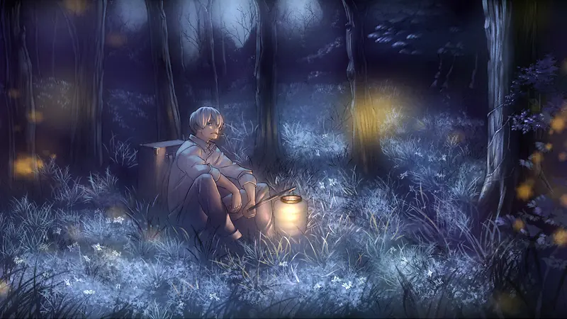 梦话夜晚手绘树林男孩
