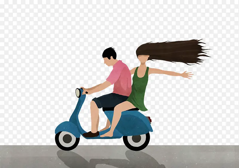手绘插画情侣骑摩托车兜风