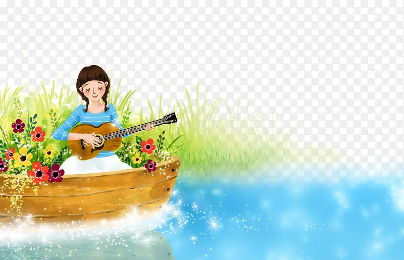 小船上弹吉它的女孩