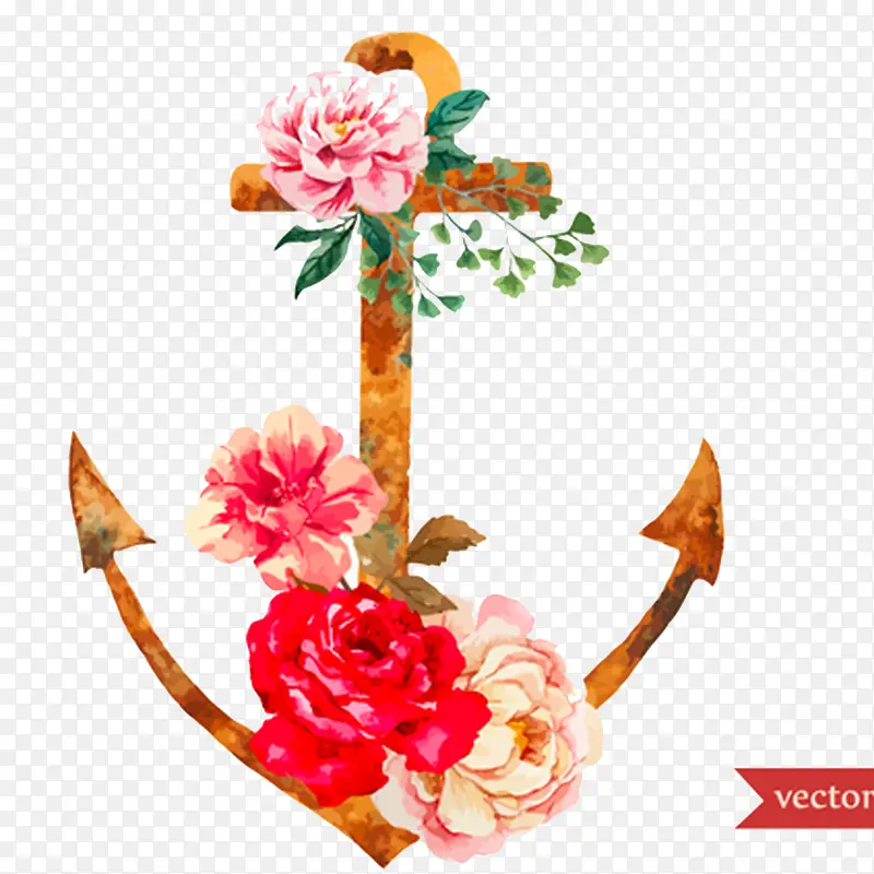 水彩玫瑰和船锚元素