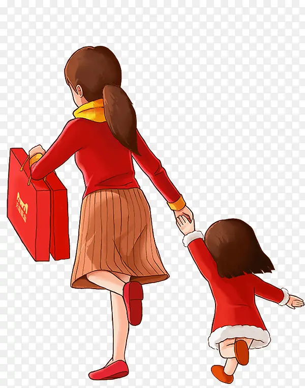 手绘穿红衣服的母女背影