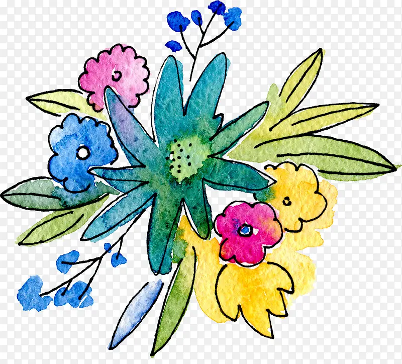水彩手绘蓝色花卉