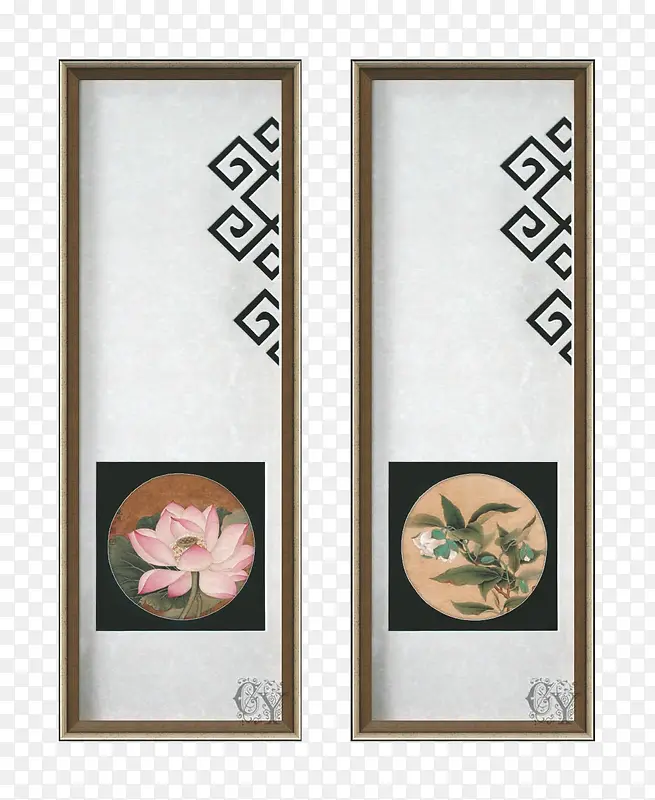 中式木框简约花卉长方形壁画