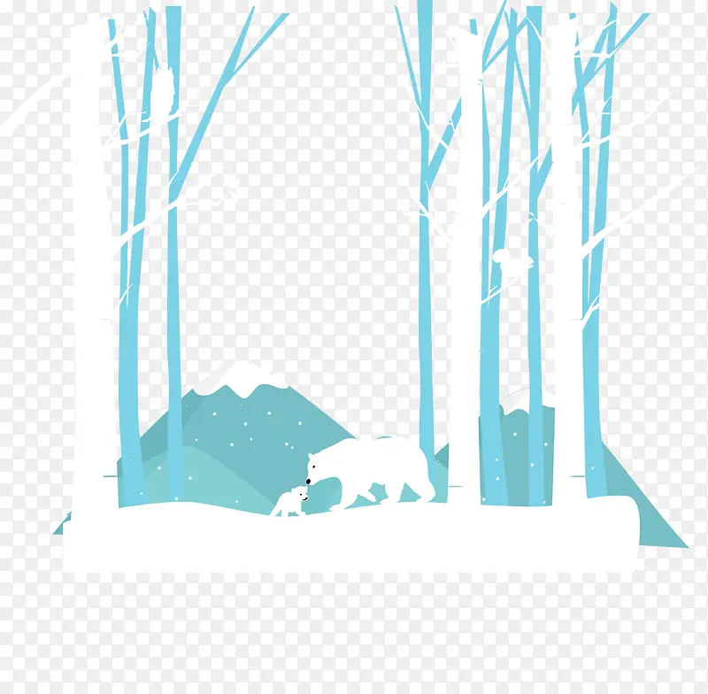 树林雪地玩耍的北极熊母子