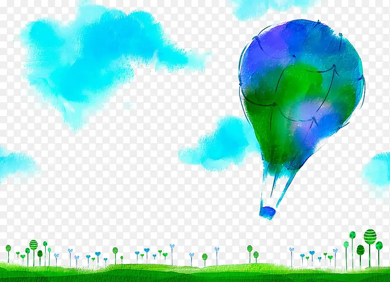 手绘水彩绿色热气球