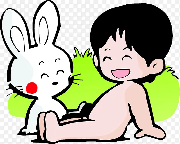 卡通可爱白兔和光屁股男孩