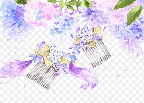 紫色花朵梳子