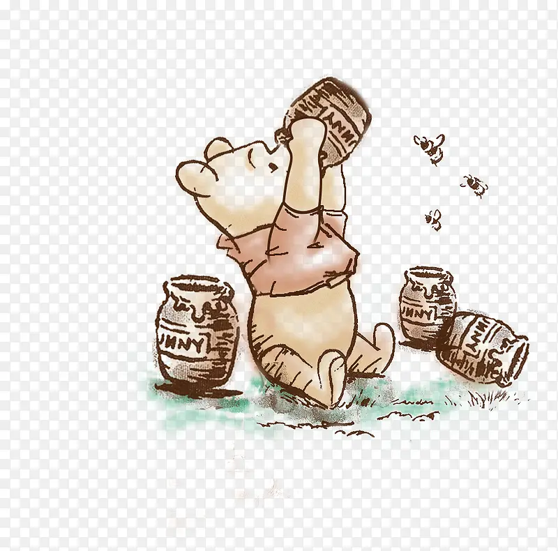 手绘棕色卡通喝蜂蜜的小熊