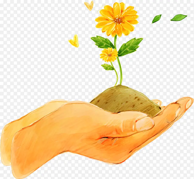 手绘黄色小花土壤环保公益手势