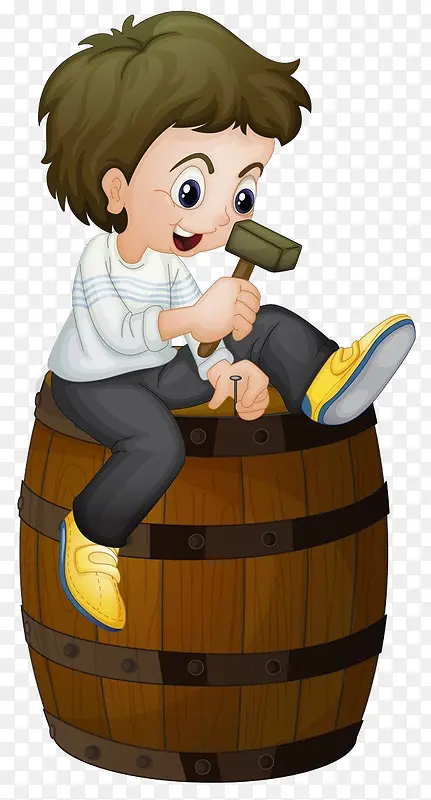 小孩坐在酿酒的木桶上面