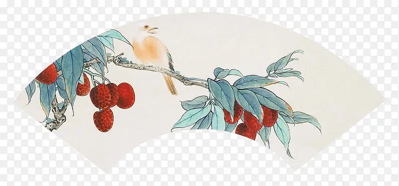 花鸟扇面画荔枝树上的麻雀