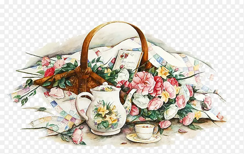 系小清新手绘茶壶与鲜花