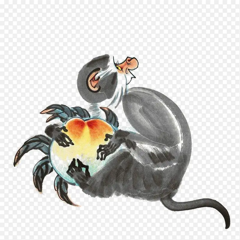 传统水墨中国风插画猴子抱桃免抠