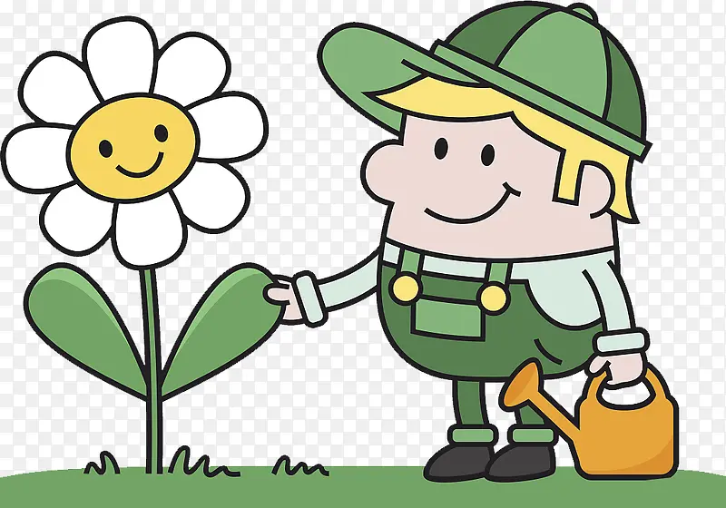 卡通草地上浇花的小男孩