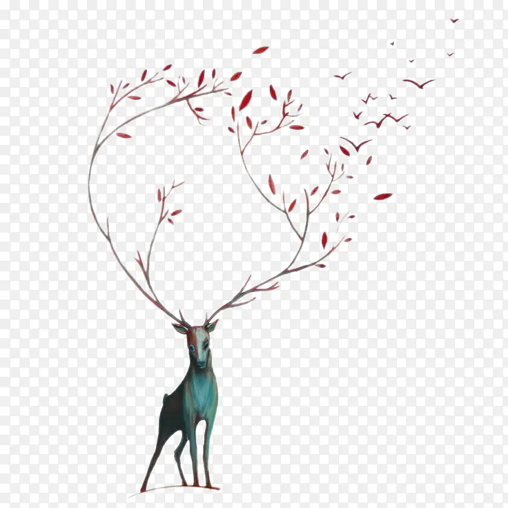创意插画-麋鹿、树枝与树叶