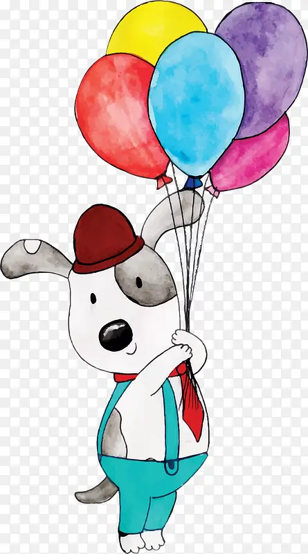 拿着气球束的生日小狗
