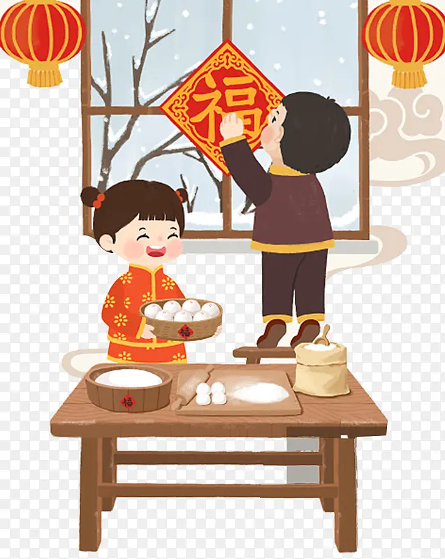 狗年春节吃饺子传统文化卡通年画
