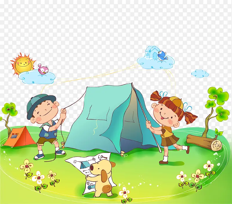 卡通手绘儿童户外野营插画