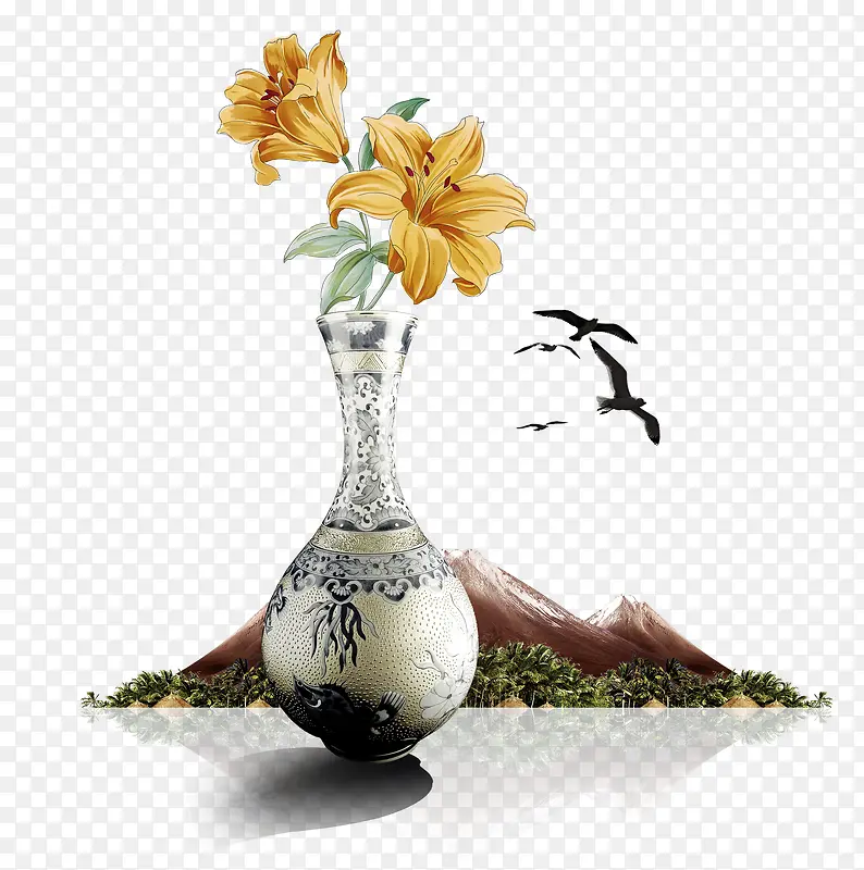 中国风复古花瓶手绘花大雁高山