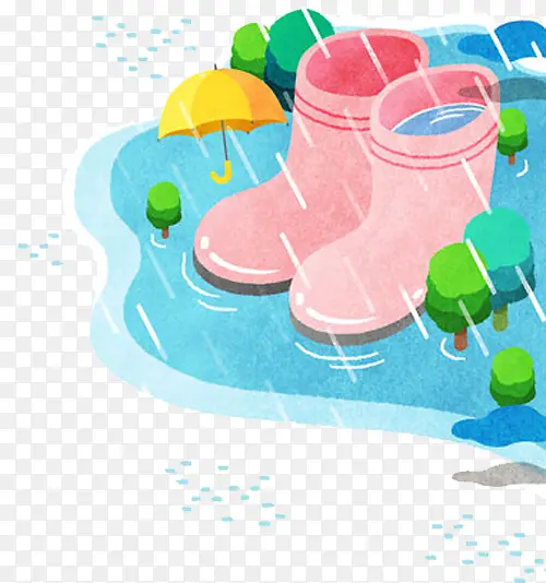 水彩手绘插图下雨天水洼中的雨靴