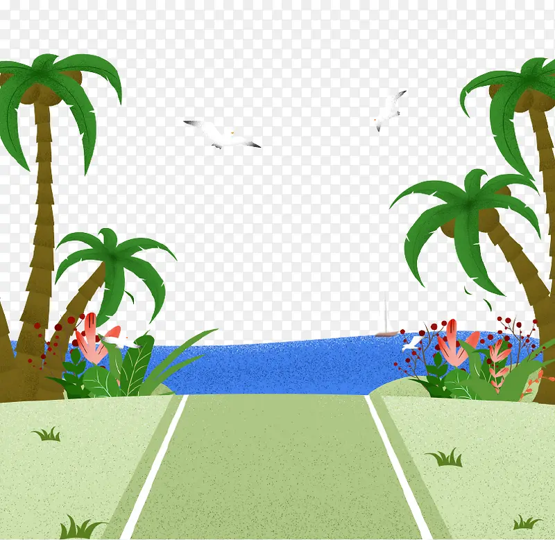 手绘草地海滩背景免抠