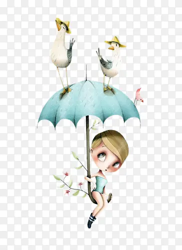 卡通插画女孩和雨伞