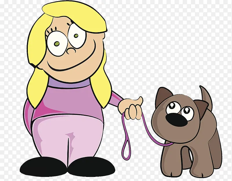 卡通可爱插图牵着狗的女孩