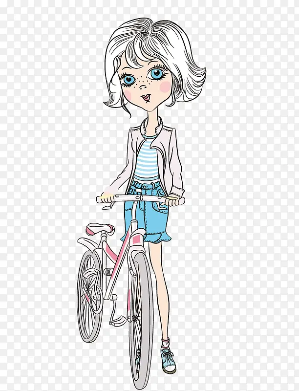 手绘小女孩推自行车