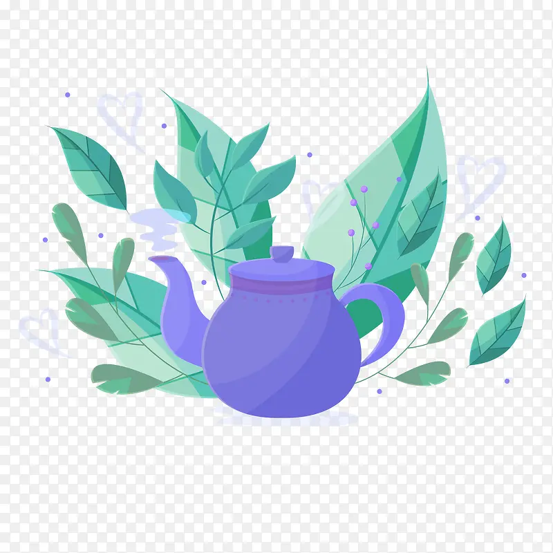 紫色的茶壶和叶子PNG