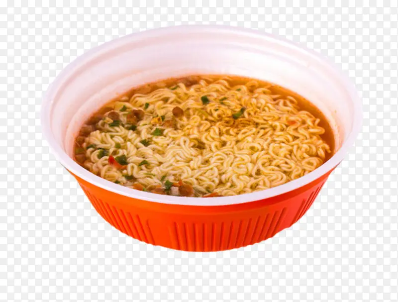 红色塑料碗里的汤方便面