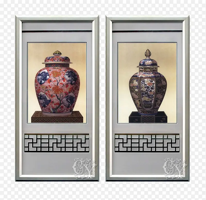 中式彩釉花瓶复古铝框装饰画