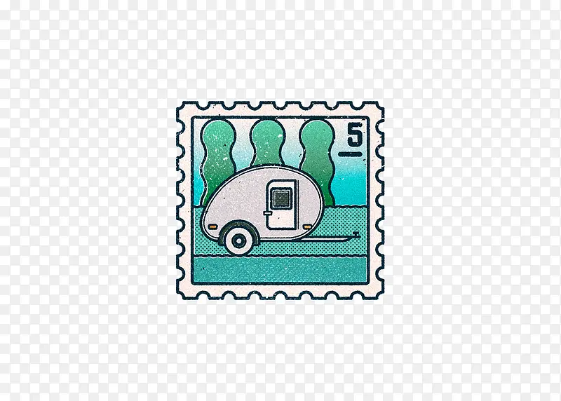 手绘湖边房车邮票