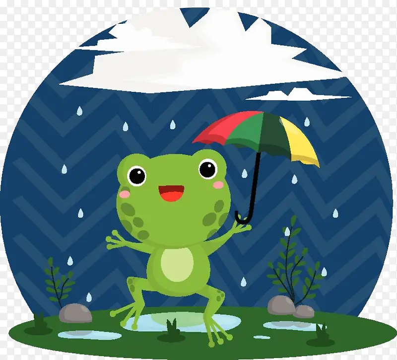 卡通下雨撑伞跳跳蛙