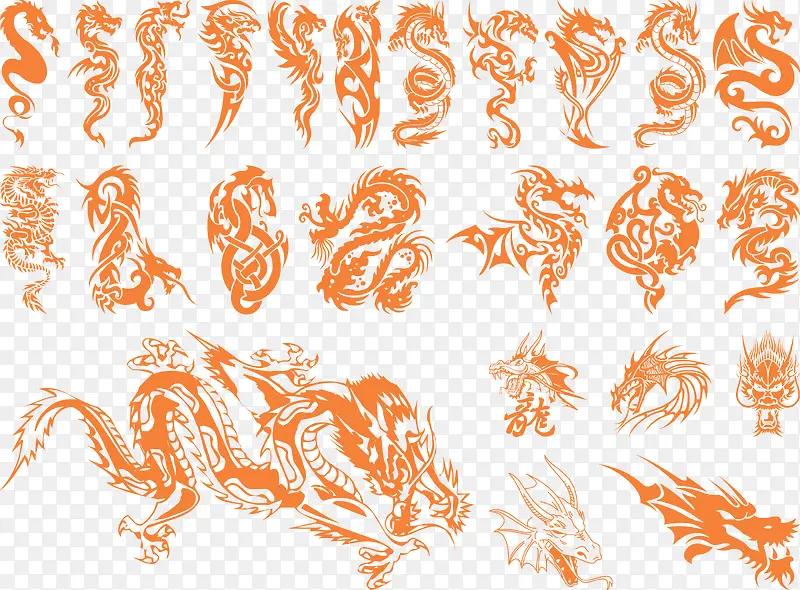 中国龙西方龙剪影纹身矢量图