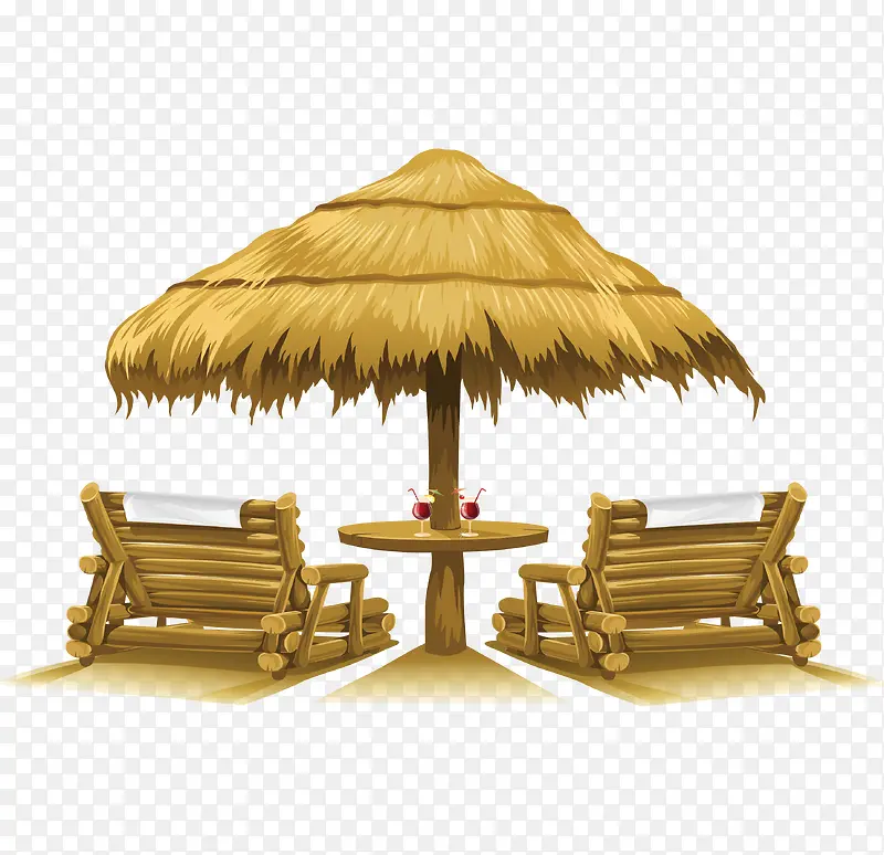 沙滩茅草伞和沙滩椅
