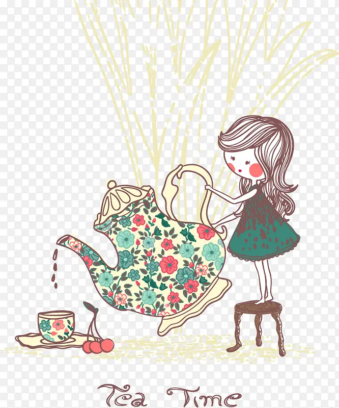 插画—植物前站在凳子上倒茶的女