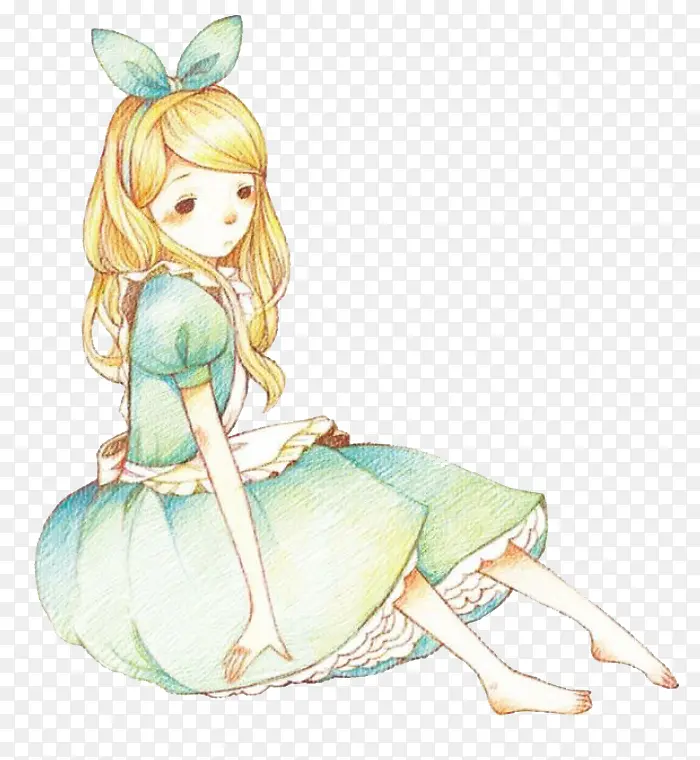 卡通坐着的忧郁的女孩