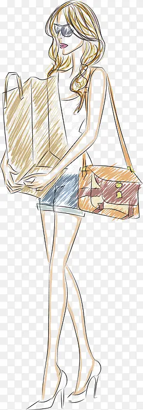 素描女孩矢量图