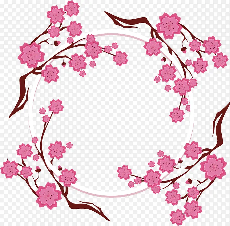 粉红桃花花瓣花朵花边框春天矢量