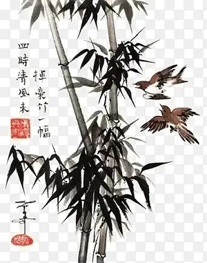 中国风竹子麻雀水墨画