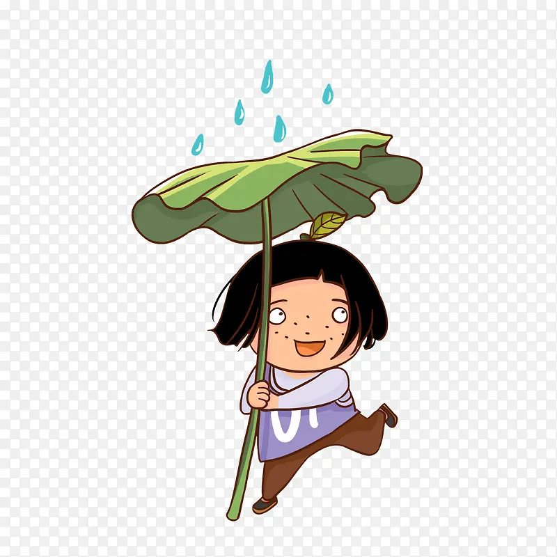 卡通开心拿着荷叶遮雨的女孩素材